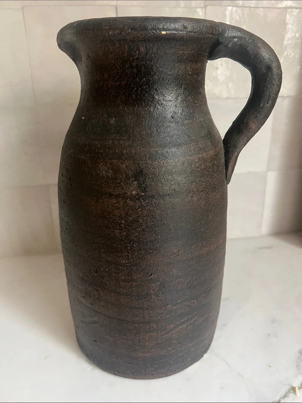 Primitive Chocolate Brown Amber Interiors Style Pottery Vintage Vase Pitcher